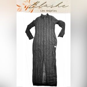 BLASHE black long-sleeved maxi mesh dress with shimmer lines size M NWT